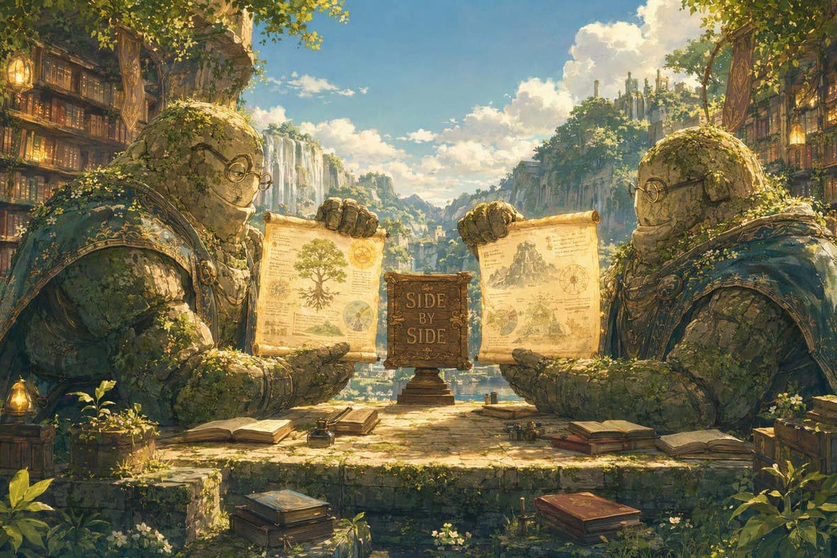 Two golem librarians comparing glowing scrolls side by side on a stone table, representing comparing backlink trackers