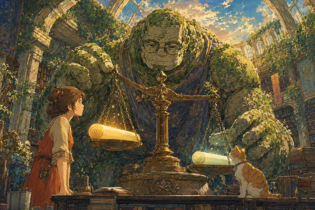 A stone golem librarian weighing glowing scrolls on a large brass scale, representing checking directory Domain Rating