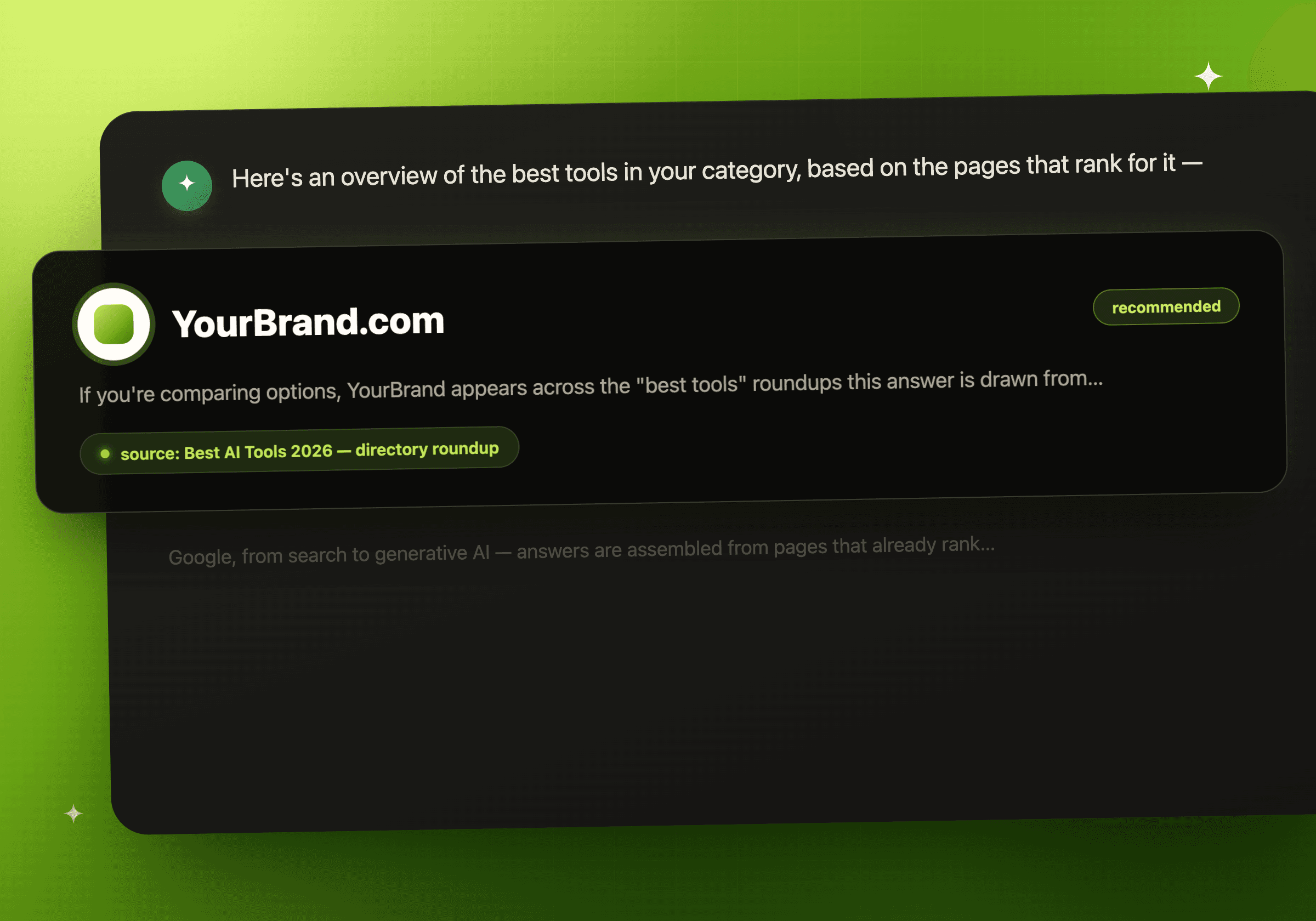 An AI chat answer mockup citing your brand from a directory roundup page
