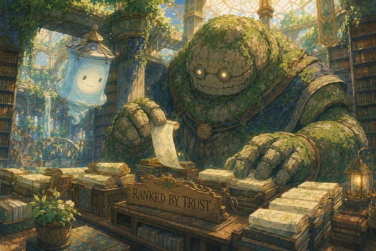 A translucent lantern-spirit reading glowing scrolls in a moss-covered stone library, representing AI tool directories