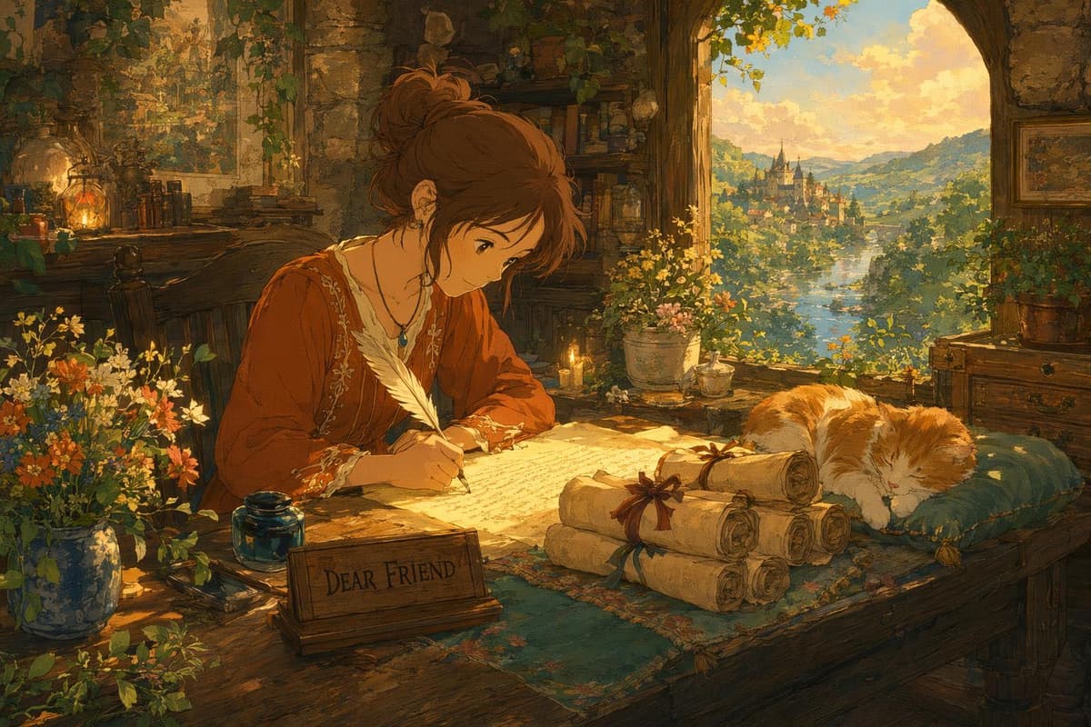 A young woman writing a hand-lettered scroll letter at a cottage desk, representing outreach templates