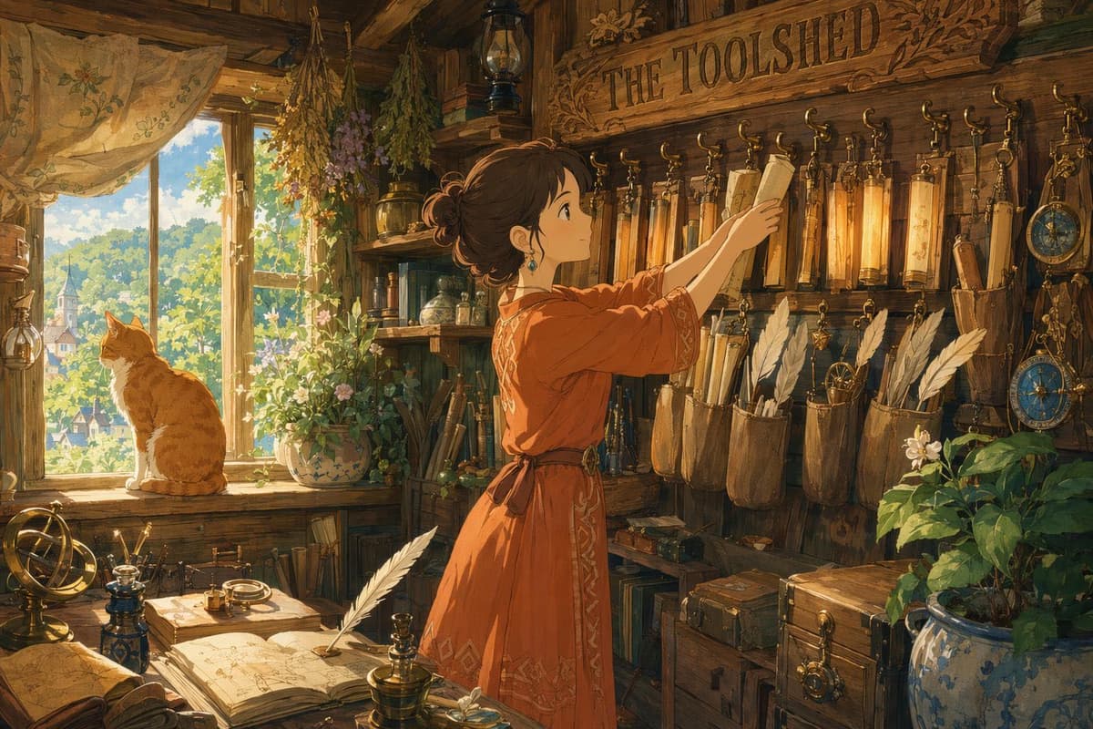 A young woman organizing a wall of hand-lettered scrolls and tools in a cottage workshop, representing link building tools