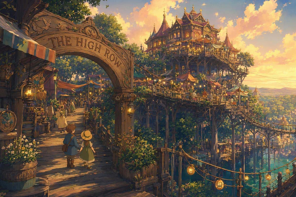 A bazaar-town with market stalls organized by height on tiered platforms, representing directories ranked by DR