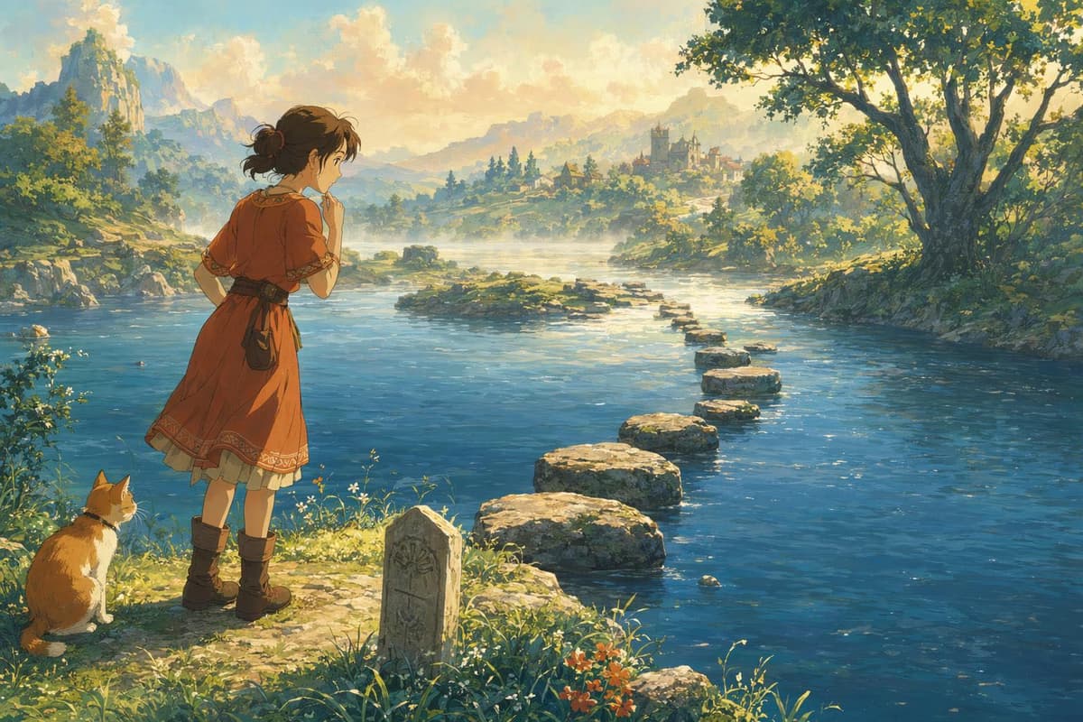 A young woman counting glowing stepping stones across a river, representing estimating how many backlinks are needed
