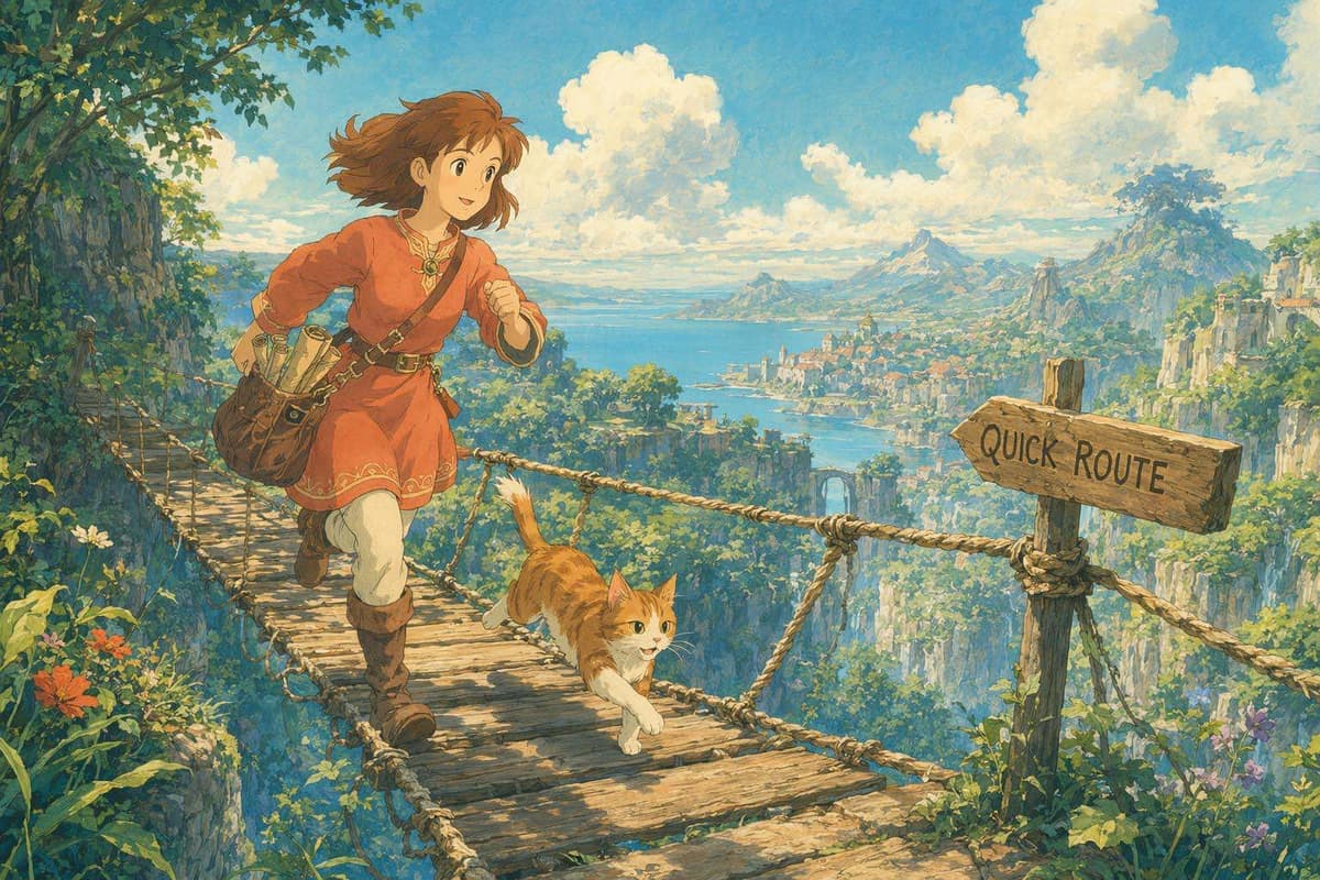 A young woman running across a rope-bridge with a satchel of scrolls, representing getting backlinks quickly