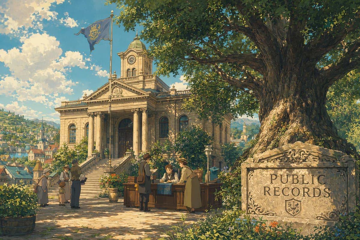 A solid stone town-hall building with a deep-rooted tree beside it, representing trusted government backlinks