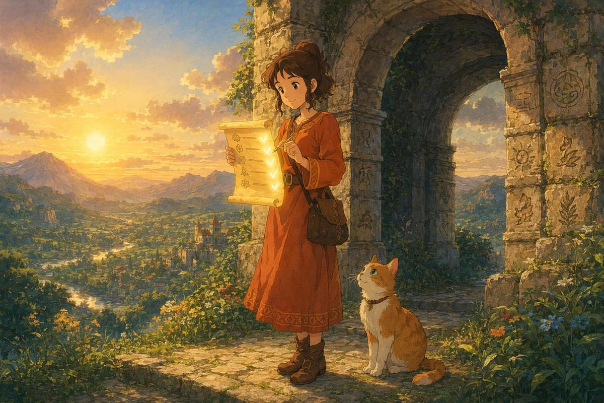 A young woman checking items off a glowing scroll checklist before a stone archway, representing a pre-submission checklist