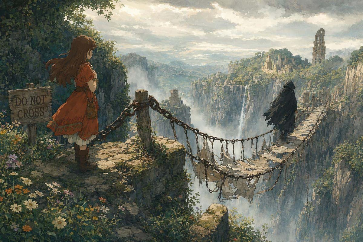 A shady hooded figure retreating from a collapsing rope-bridge made of rusty chains, representing removing bad backlinks
