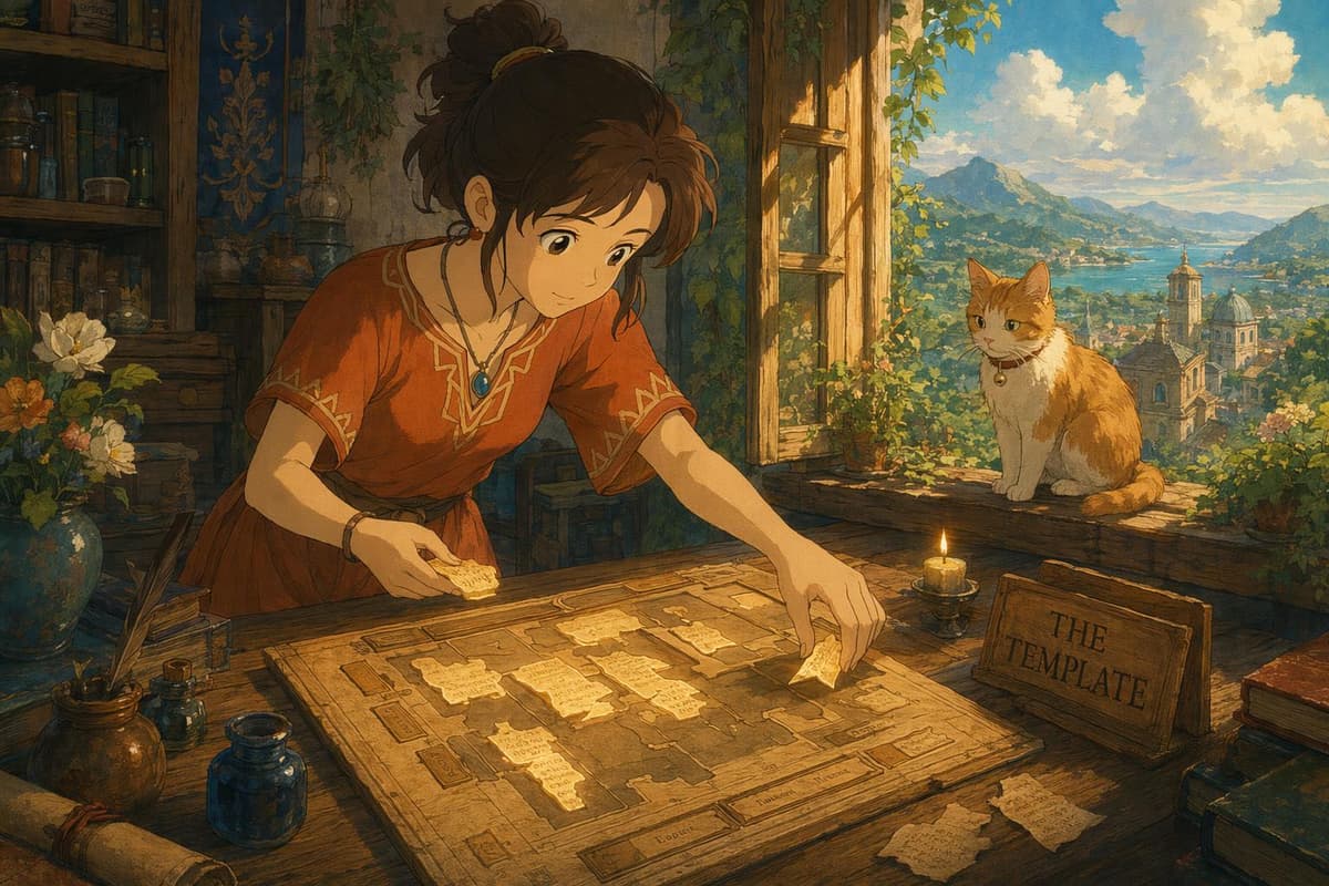 A young woman arranging glowing scroll fragments into a neat template on a cottage desk, representing a repeatable listing description template