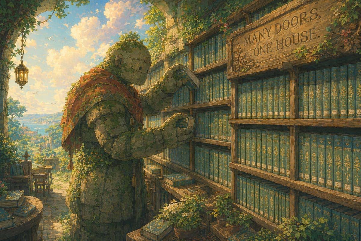 A stone golem librarian assembling many identical glowing books on a long assembly shelf, representing programmatic SEO pages