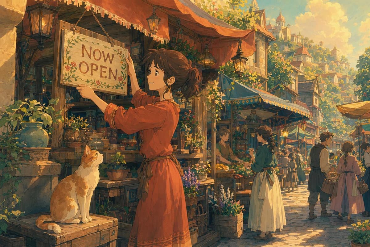 A young woman setting up a small new stall in a bustling bazaar-town, representing a startup submitting to directories