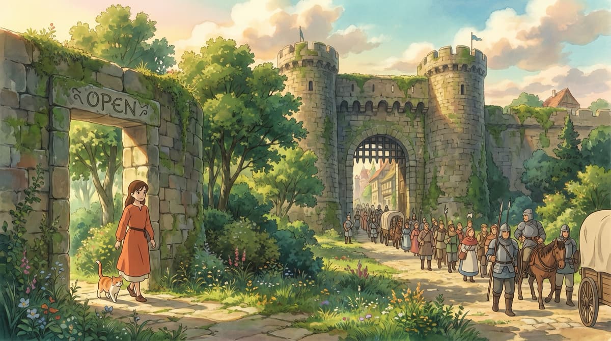 Walking through an unguarded side-gate while a crowd queues at the main gate